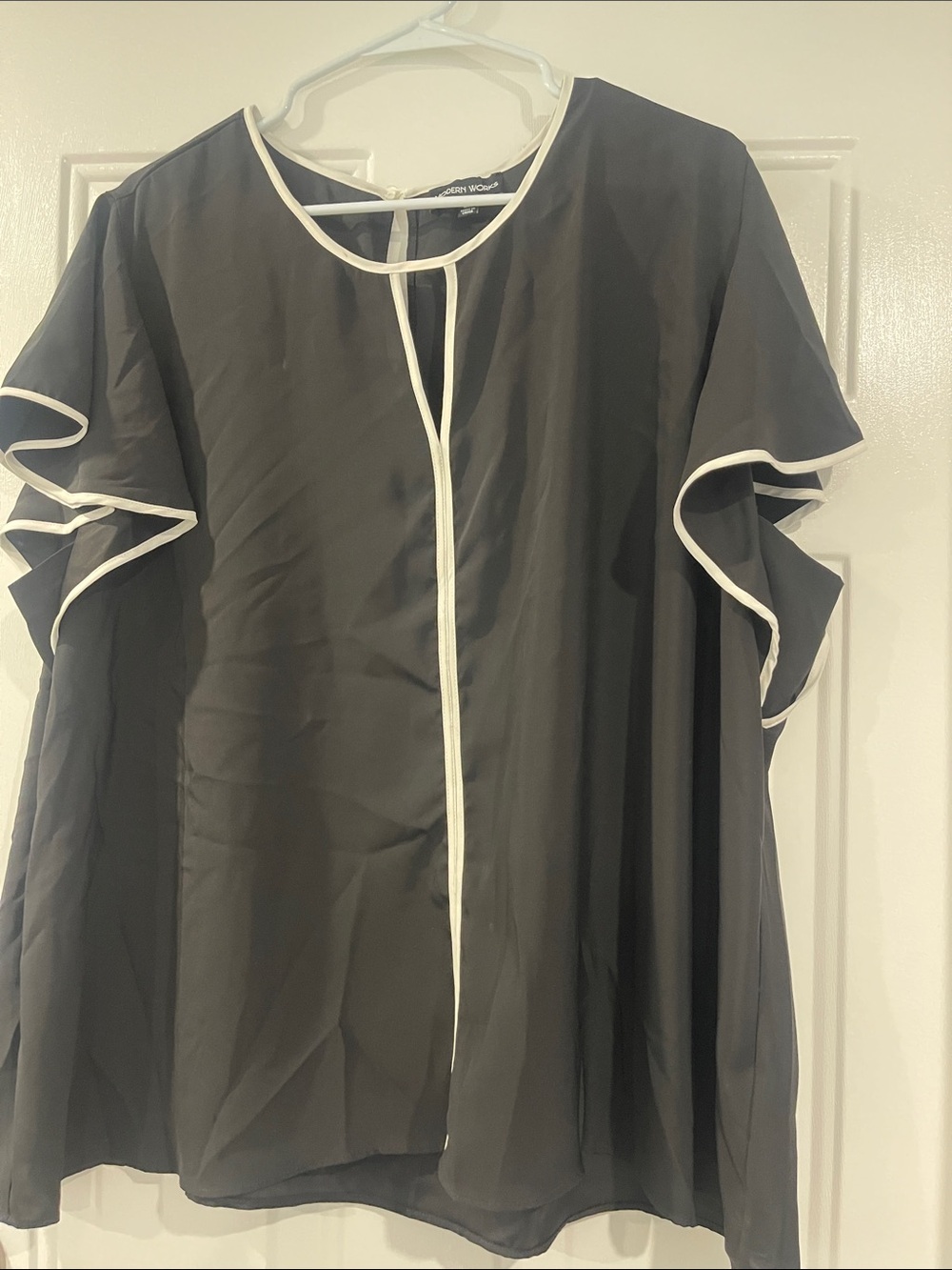 Black Flutter Sleeve Blouse with White Piping
